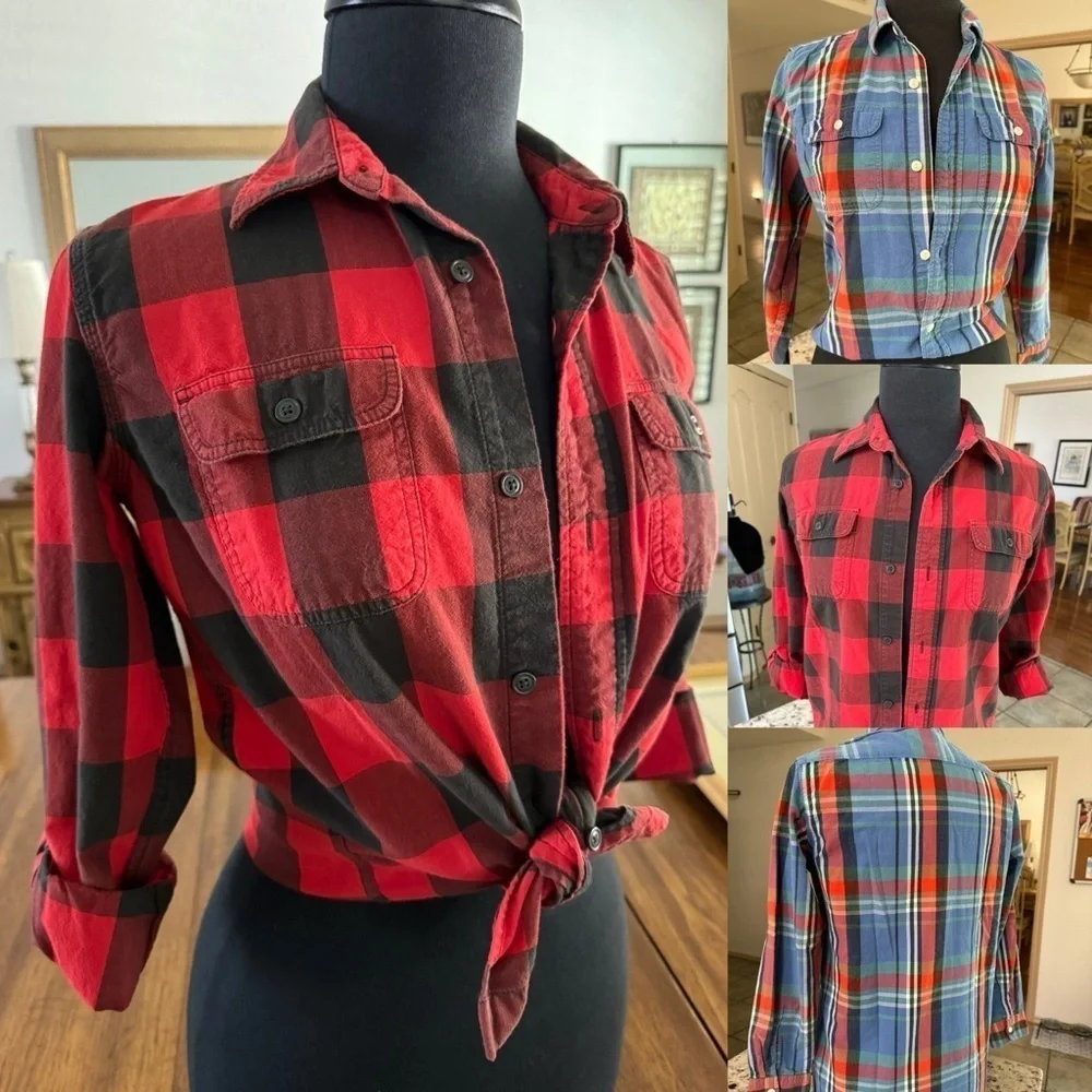 Gap Kids Unisex Long Sleeve Button Up Shirt Set of Two Plaid Red & Blue XXL